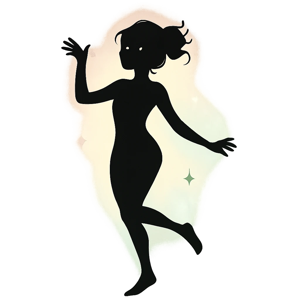 minimalist silhouette of a radiant, delicate figure with a soft pastel aura, a hint of sparkle in the eyes, and a graceful pose, exuding carefree charm and playful chaos emoji