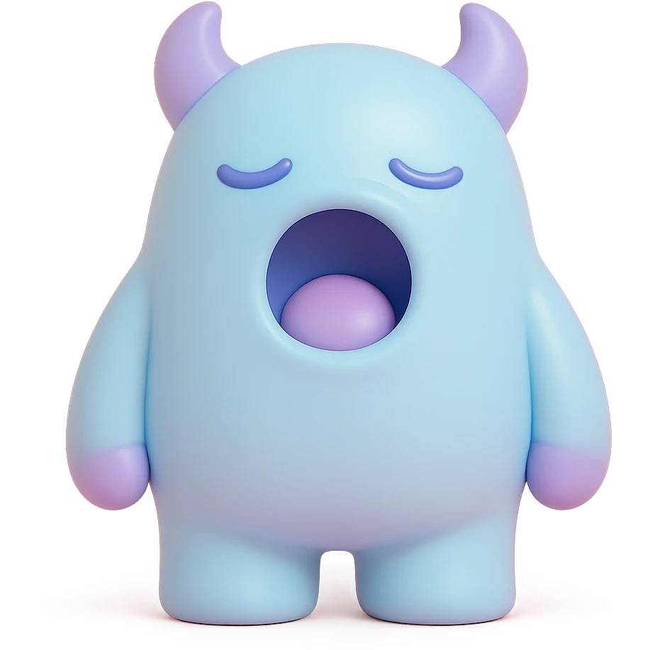 sleepy monster with half-closed eyes yawning, soft blue and lavender colors, toy-like vinyl figure style emoji