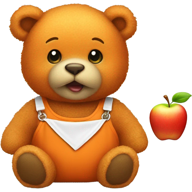 Small orange teddy bear wearing a bib with an apple on  emoji