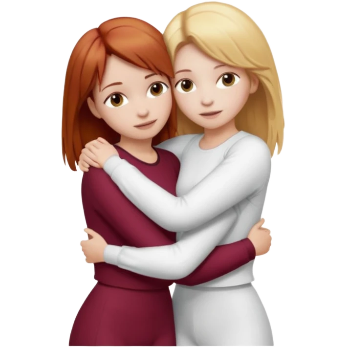 two girls who hug eachother. one has auburn hair with blonde highlights and very pale skin, other has medium-fair skin and blonde hair. first one is wearing white outfit and the second one is wearing a burgundy outfit emoji