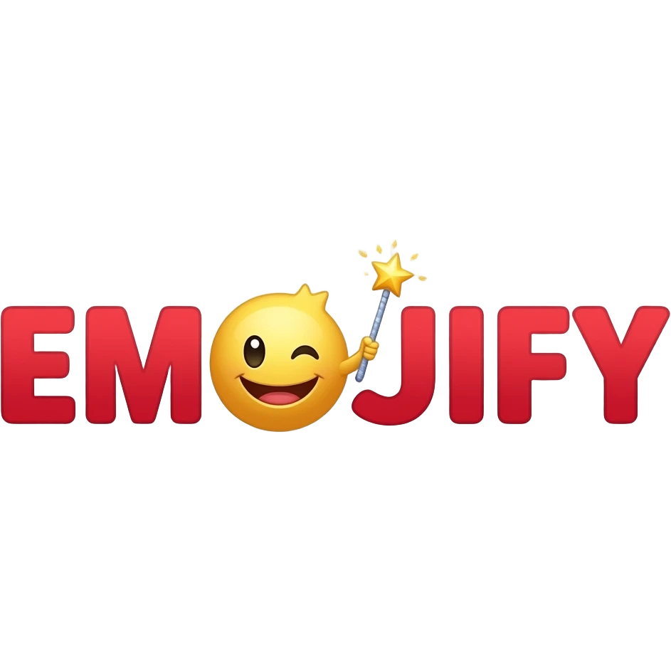 Red text "EMOJIFY" is stretched in height and width. Letter "O" is a smiley face with a magic wand. Transparent background. emoji
