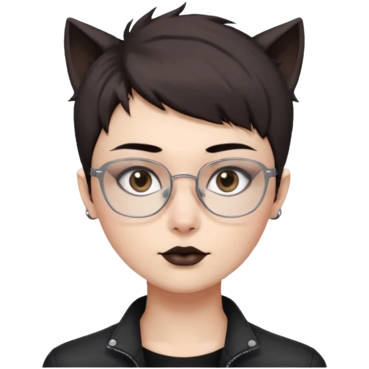 personagem com corte de cabelo o corte de cabelo Wolf cut o nome do corte de cabelos indo até o pescoço, cabelo castanho escuro, olho castanho escuro, sombrancelha castanho escuro, óculos sem aro prata quadrado. rosto fino, meio emo sabe  emoji