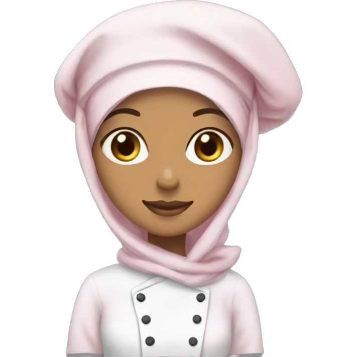 hijabi fair medium skin,  light pink hijab with chef hat on, and white cat emoji