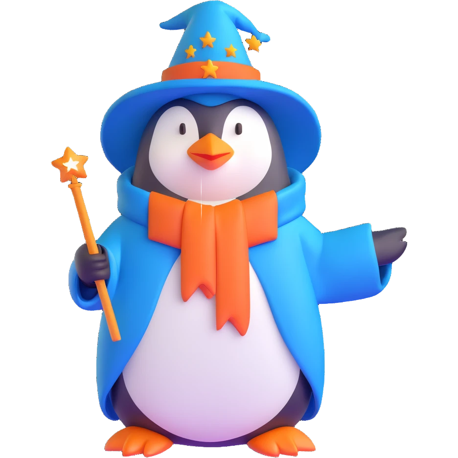 penguin wizard with a blue robe and starry hat emoji