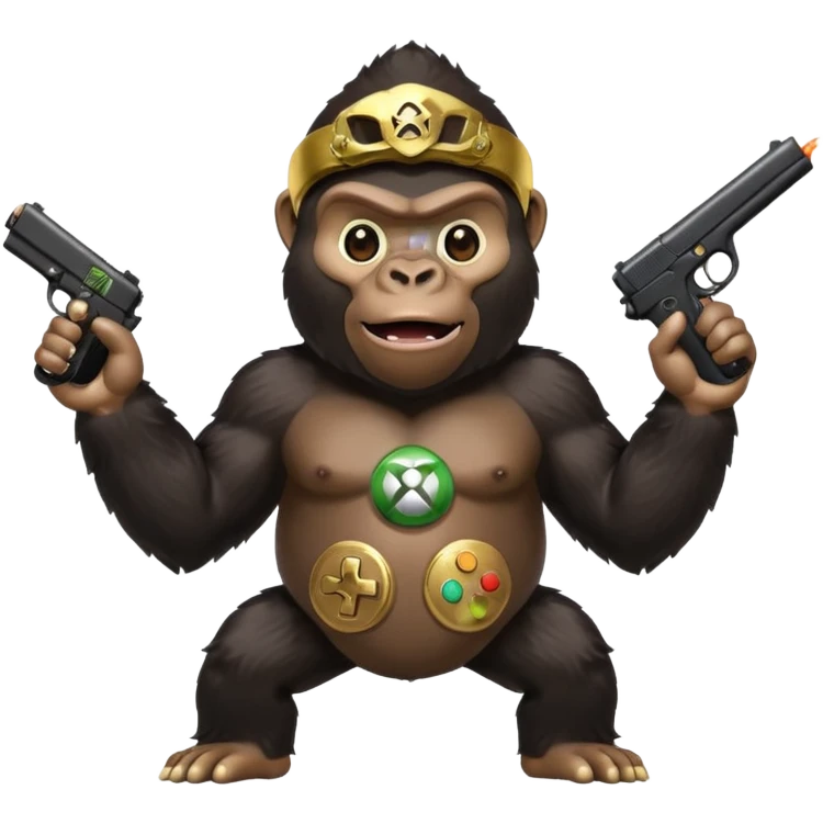 A gorilla holding a gun in the air with a Xbox controller  emoji