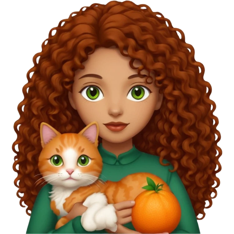 Woman light brown skin long dark curly hair, green eyes, with a cat emoji