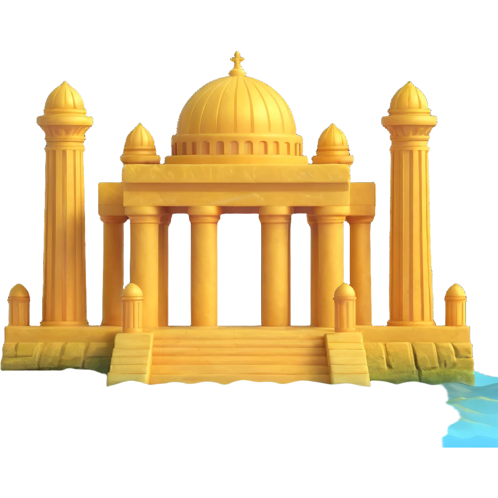 full view of ancient Anunnaki golden underwater temple complex, domes, pillars, faded gold, algae emoji