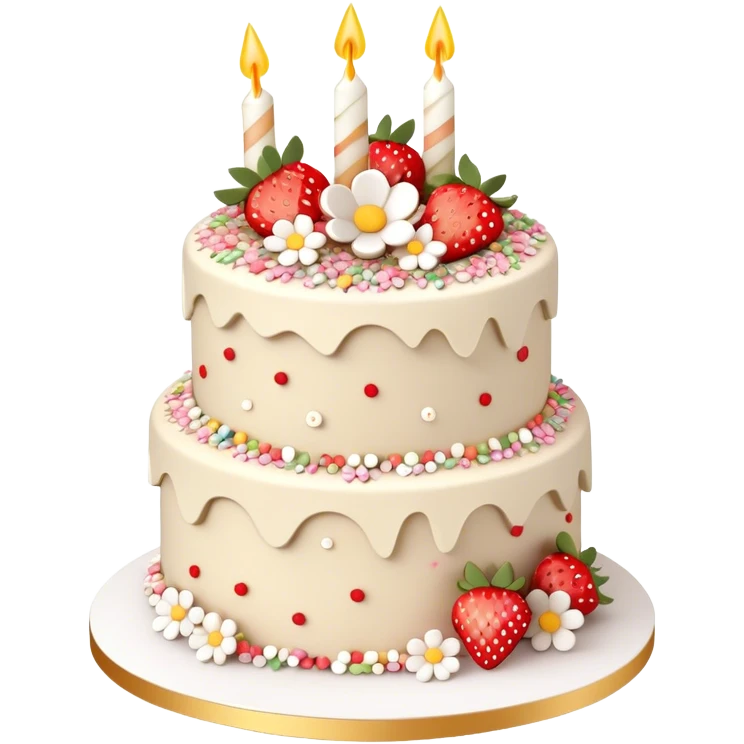 Layered aesthetic beige and white birthday cake with buttercream frosting flowers and sprinkles and strawberries, 3D emoji