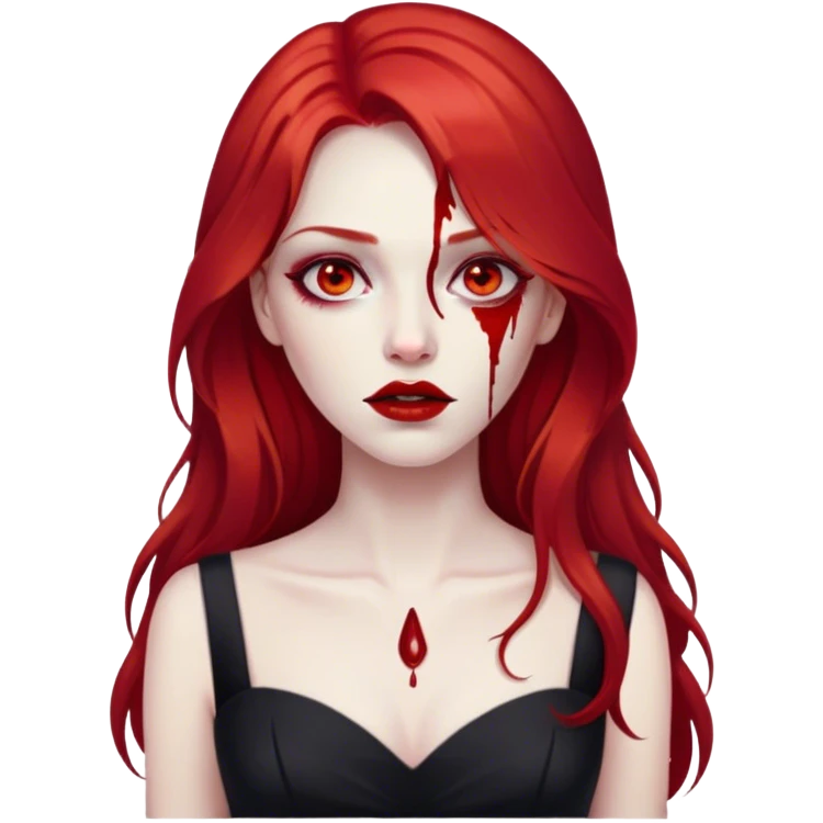 a woman with long red hair and red eyes. The woman wear a black dress. She have red lipstick. blood on face emoji