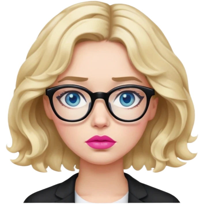 Blonde woman with short wavy hair, blue eyes and pink lips wearing black glasses looking really tired.   emoji