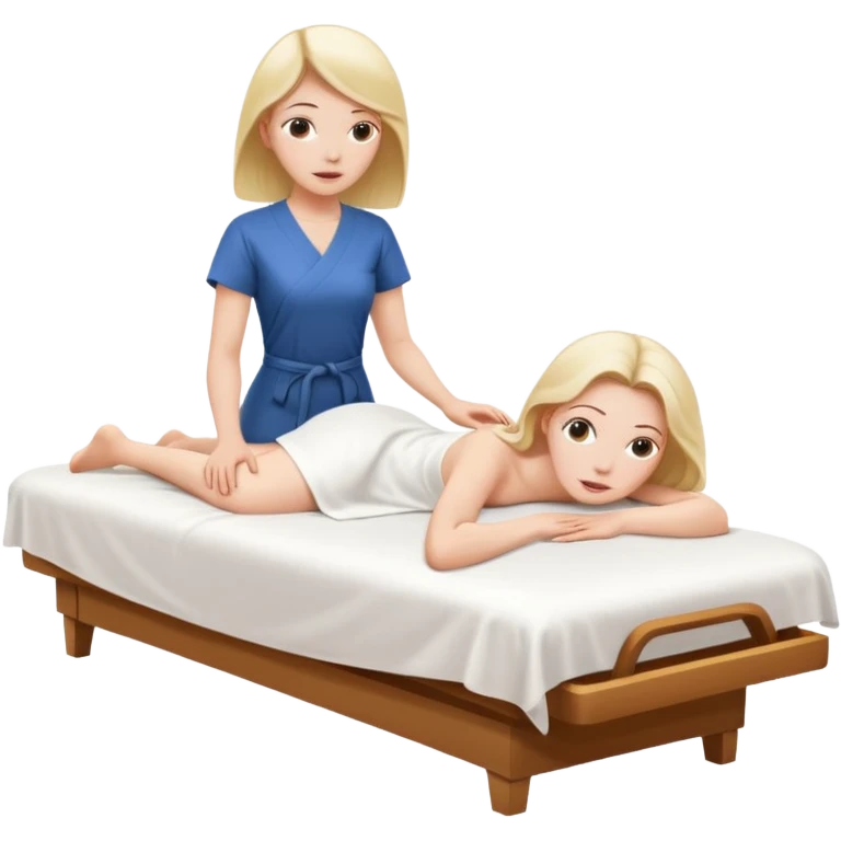 White girl cowered in sheet on spa bed relaxing while getting massage from woman emoji