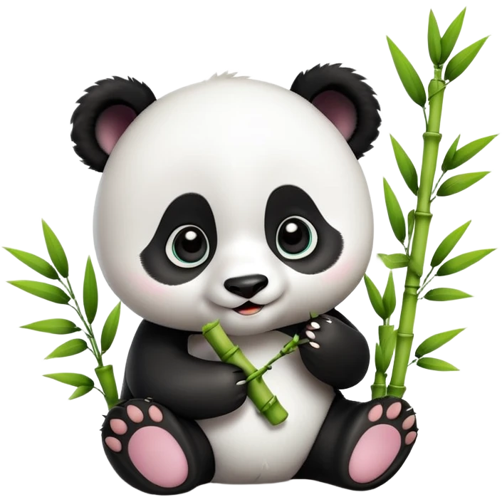A 3D baby panda sitting and happily eating bamboo, big shiny eyes, cute and cartoonish style, soft lighting, high quality emoji