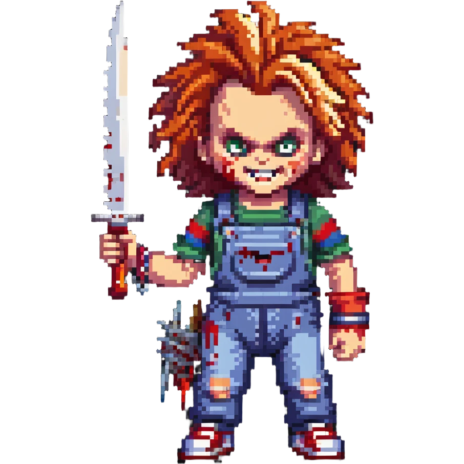 Chucky with wild hair, evil grin, holding a bloody knife emoji
