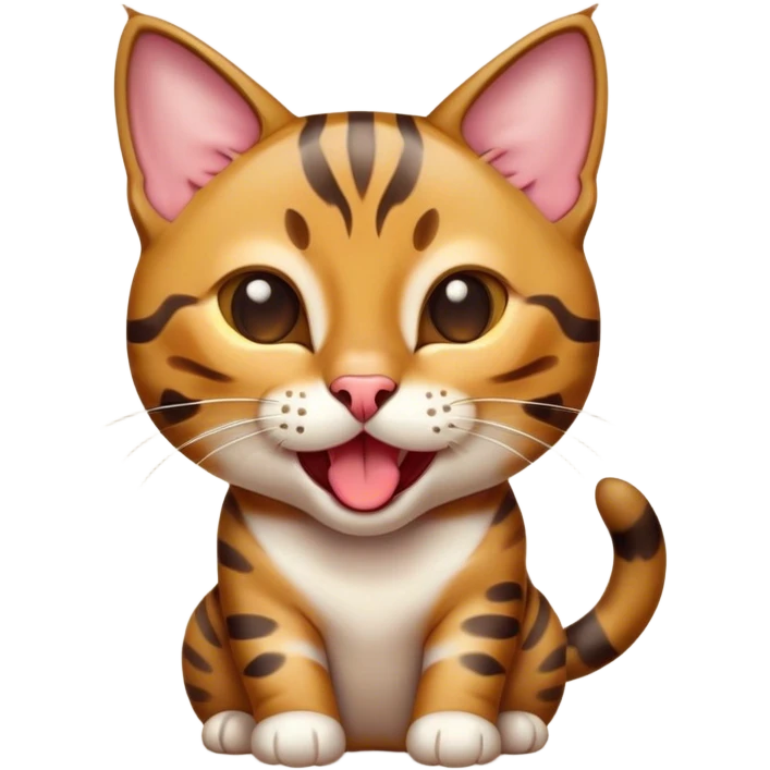 Cinematic Cute Bengal Cat Portrait Emoji, Head tilted playfully and yawning, sleek spotted brown and gold tones, Simplified yet adorable features, highly detailed, glowing with a warm, friendly glow, high shine, curious and affectionate, stylized with a touch of whimsy, bright and alert, soft glowing outline, capturing the essence of a mischievous yet loving kitten, so endearing it feels like it could leap out of the screen and stretch! emoji