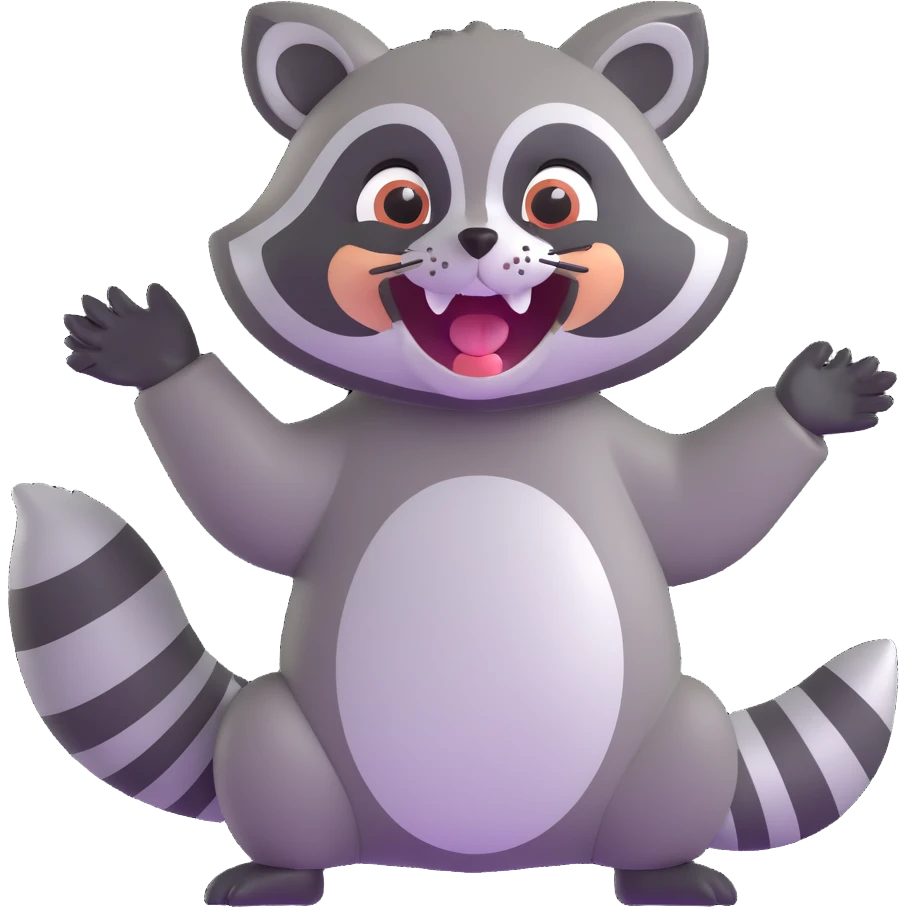 raccoon laughing hard and waving, big expressive eyes, open mouth, energetic pose emoji