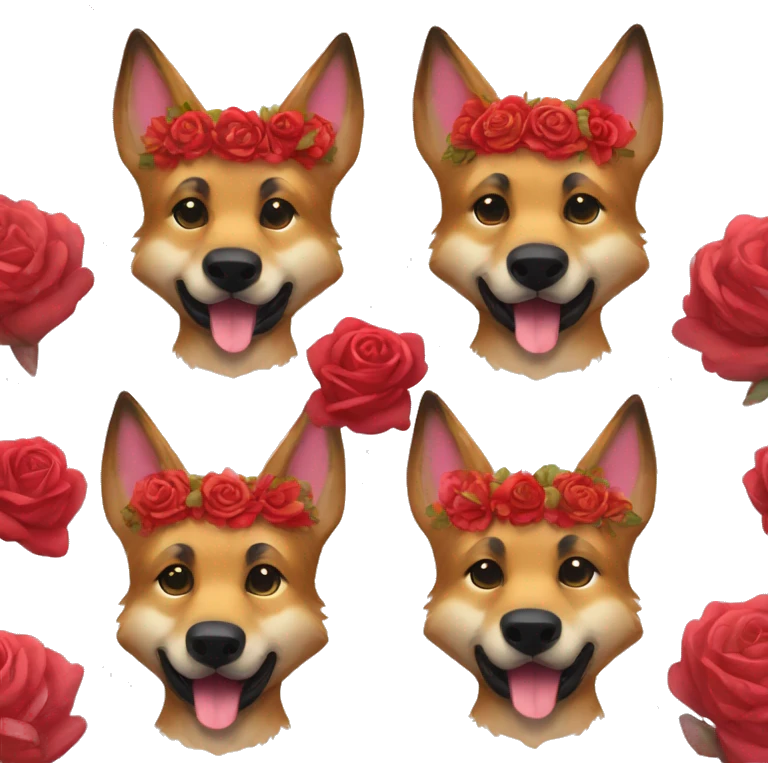 Brindled German shepherd fox carrying glowing red lantern, fairy lights, rose flower crown emoji