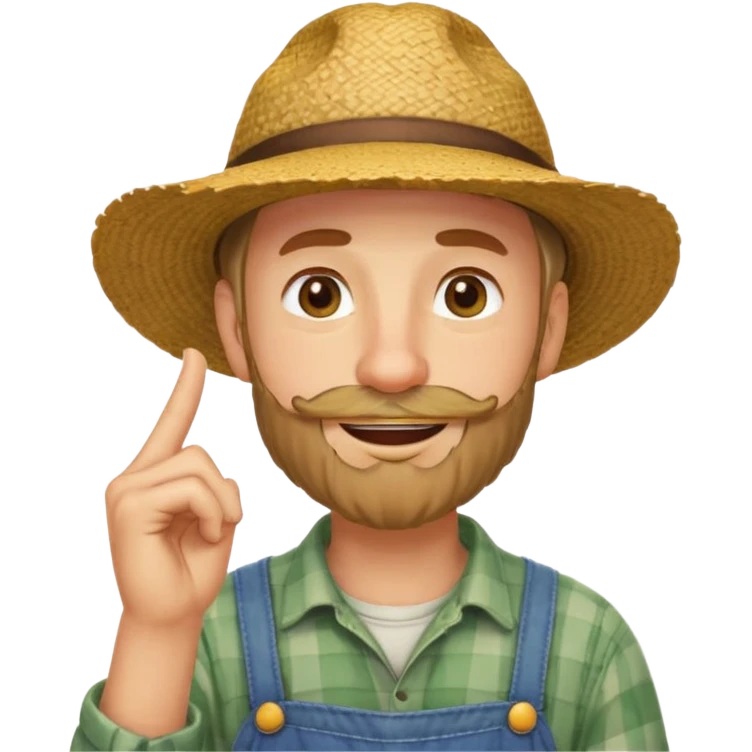 “A single emoji-style character combining 👨‍🌾😄 and 🤔: a smiling farmer man with a straw hat, friendly face, and light beard, holding one hand under his chin in a thinking gesture. His index finger rests under his face, eyes looking slightly upward as if thinking.  emoji