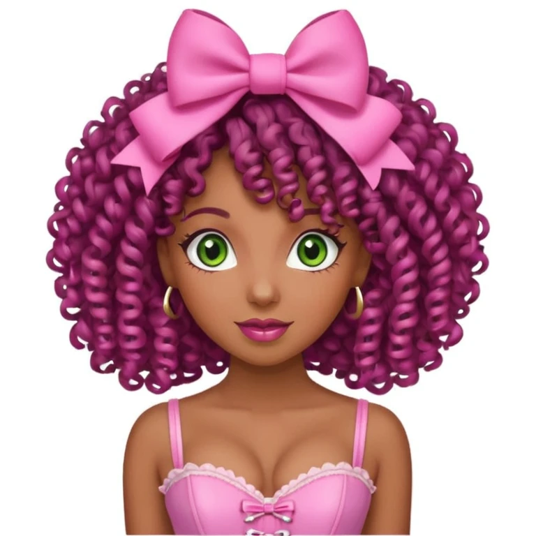 black woman with green eyes, curly hair, pink bow, pink corset, cheerful expression emoji