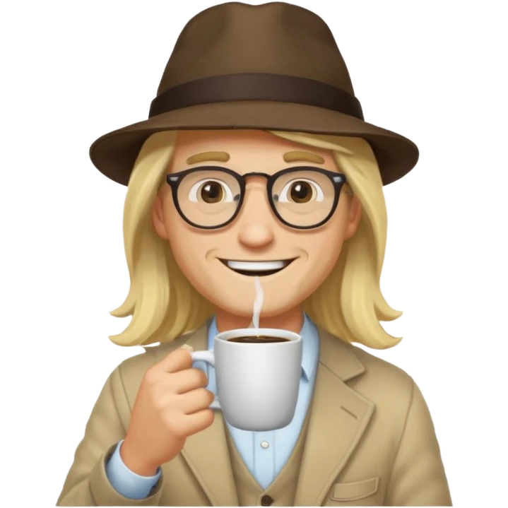 long hair blonde man drink coffe with hat and glasses emoji
