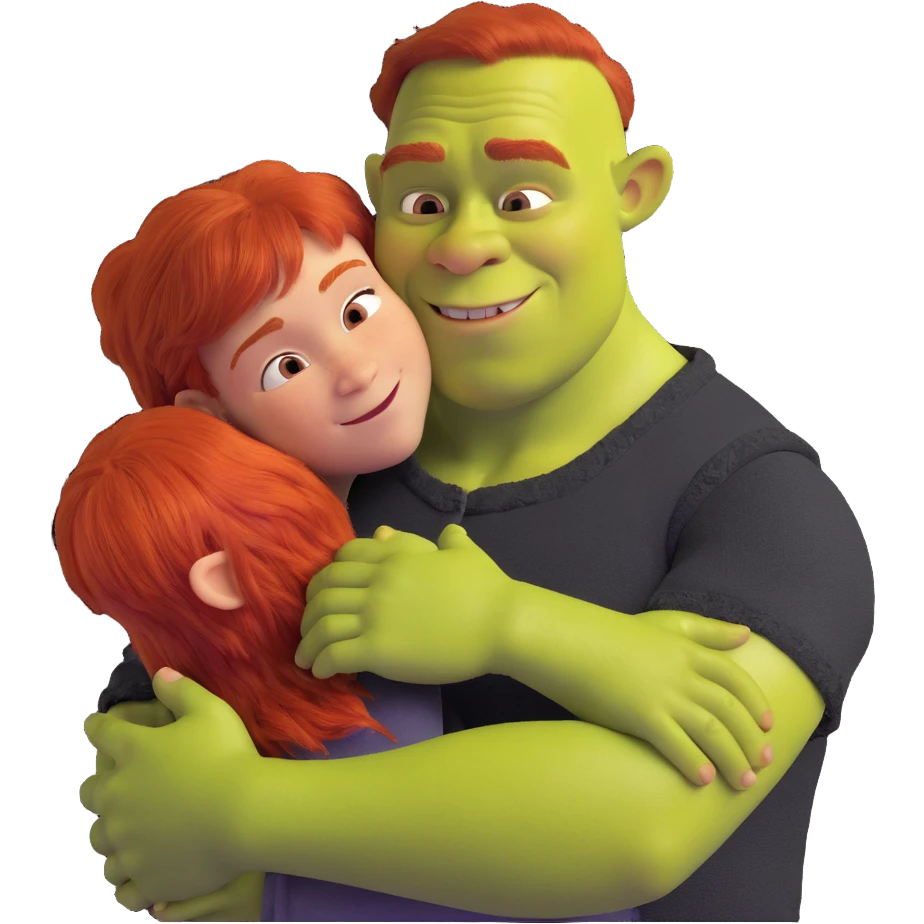 Shrek hugging a red-haired teenage boy emoji