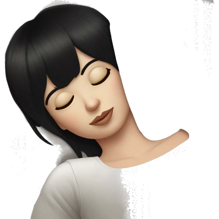 Woman pale skin black hair with bangs sleeping in bed, white woman emoji