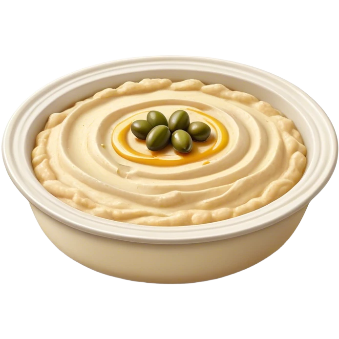 Cinematic Realistic Hummus Dish Emoji, depicted as a creamy chickpea dip drizzled with olive oil rendered with rich textures and warm, inviting lighting. emoji