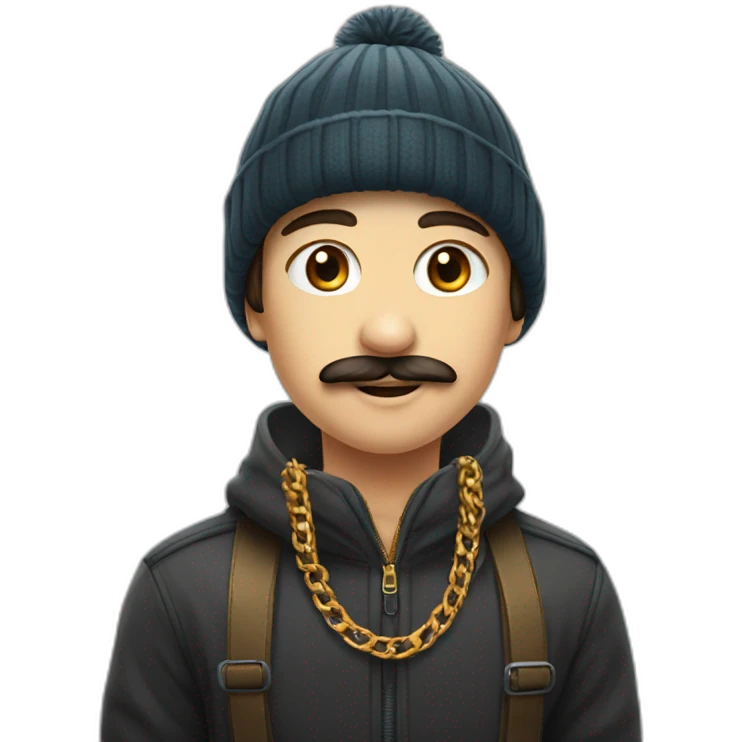 A boy with moustache and wearing golden chain in neck and a winter cap potrait  emoji