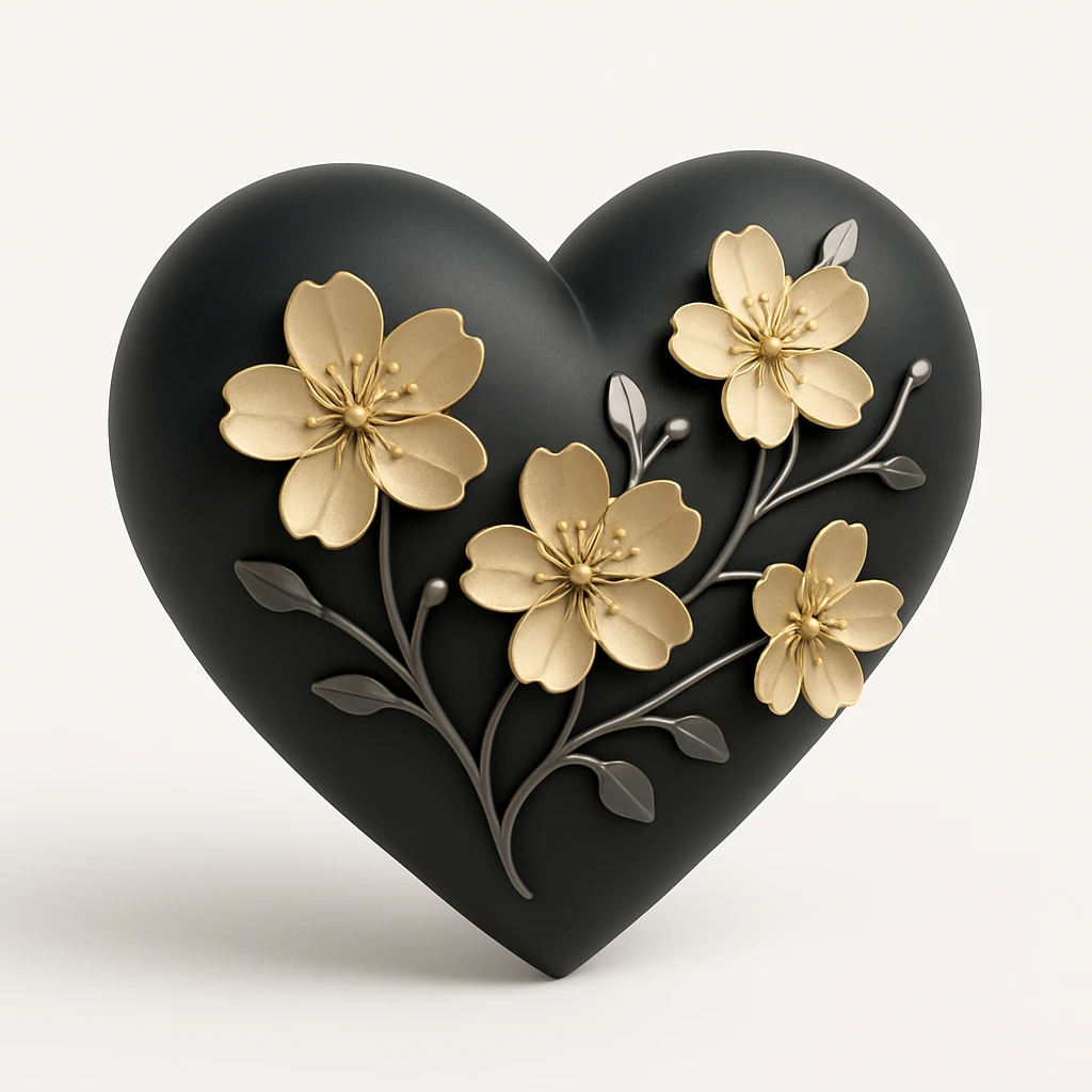 heart with sakura flowers and silver accents, 3D black style emoji