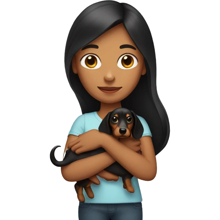 a girl with long dark hair and a dachshund in her hands emoji