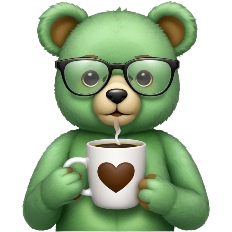 Green teddy bear wearing glasses and drinking coffee emoji