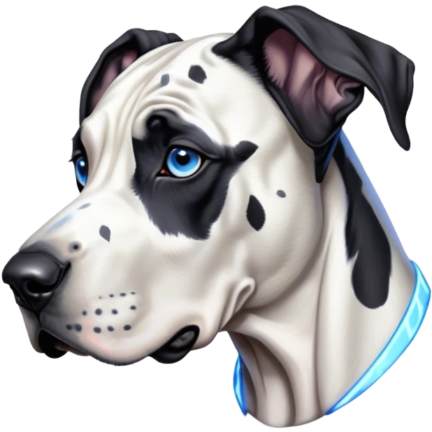 Cinematic Noble Harlequin Great Dane Portrait Emoji, Poised and regal, with a towering, muscular build and a striking coat of predominantly white with bold black patches, deep-set soulful blue eyes, Simplified yet sharp and sophisticated features, highly detailed, glowing with a soft, dignified glow, high shine, intelligent and loyal, stylized with an air of majesty, focused and attentive, soft glowing outline, capturing the essence of a watchful and confident guardian, so majestic it feels as though it could stride out of the screen with effortless authority! emoji