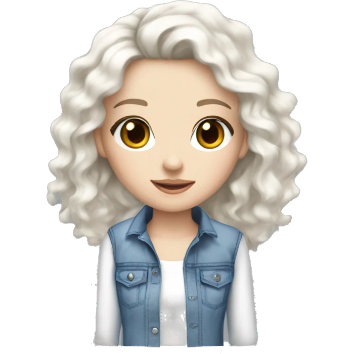 Pretty girl with black curly hair pale skin blue eyes and flared jeans and a white top  emoji