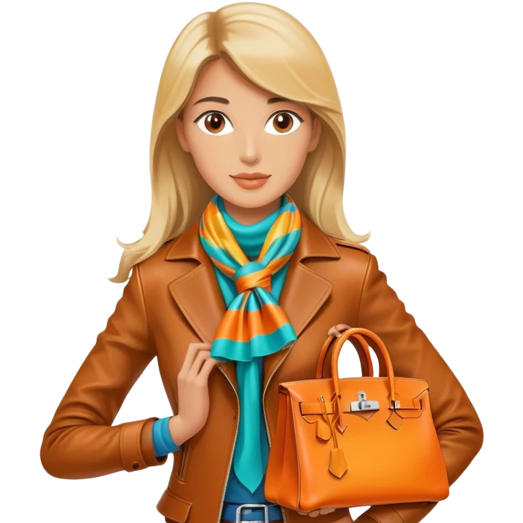 Elegant and tan equestrian woman wearing a leather Hermes jacket and a multicolored silk scarf around her neck. She has an orange Hermes Birkin Bag. I want the image to be close up, starting from the waist up.  emoji