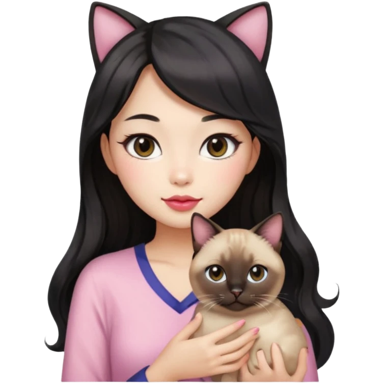 Asian woman with fair skin holding a Siamese cat, black see-through bang front hair, long wavy hair, round brown eyes, light pink blush, pink lips, warm atmosphere, Apple emoji style emoji