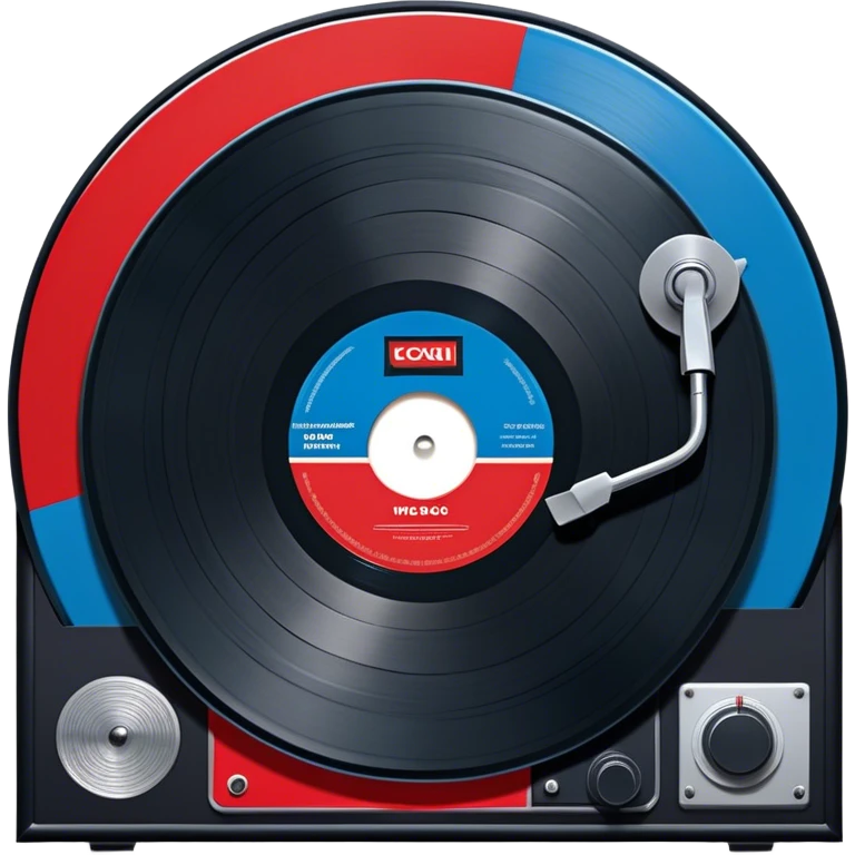 Icon for Vinyl Record Collecting: large black? red and blue vinyl records in decorative packaging featuring artist images, neatly arranged on a wall or shelf, vinyl record player. The icon should reflect the aesthetic and artistic aspect of collecting vinyl records. Transparent background. emoji