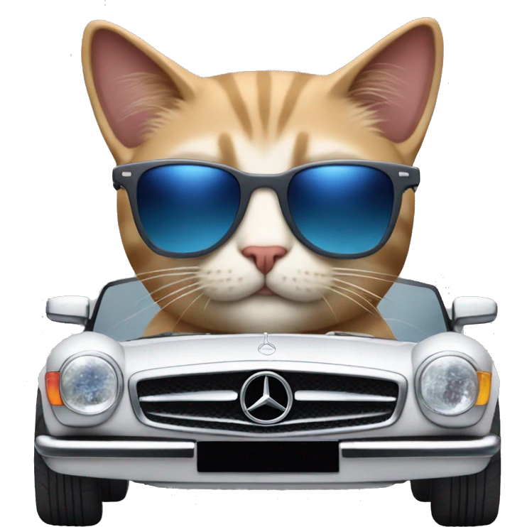 cat driving an mercedes with sunglasses on but he sunglasses are red and blue emoji