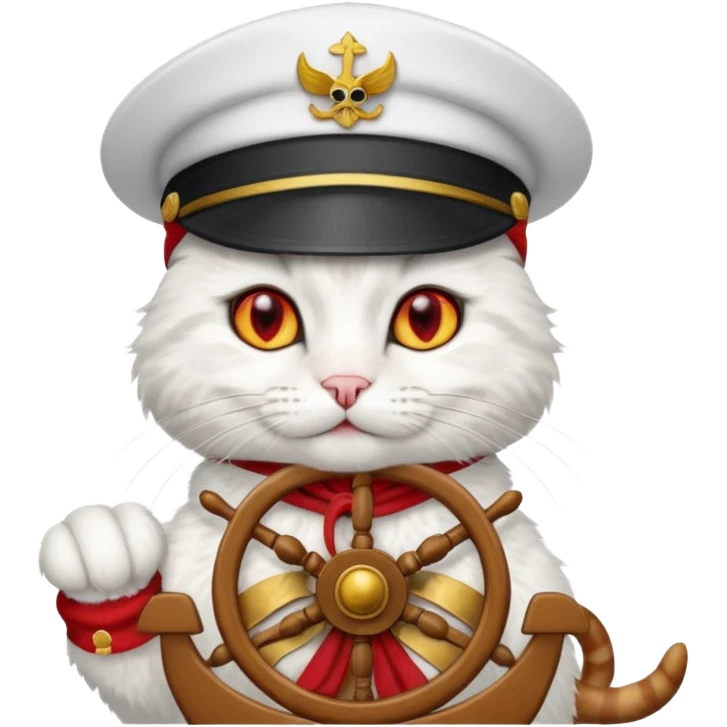 a devlish looking kitty cat at the helm of a catamaran driving it emoji