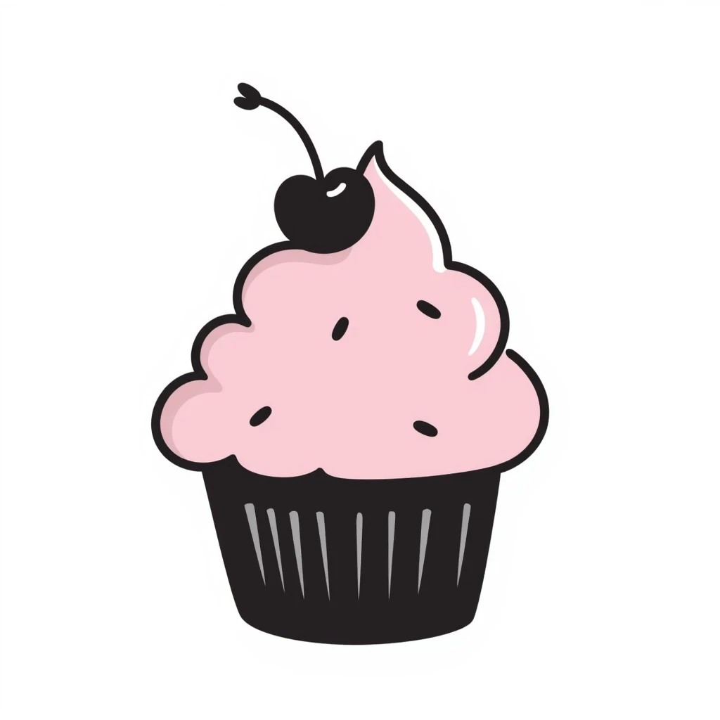 A hand-drawn doodle of a cupcake with pink icing emoji