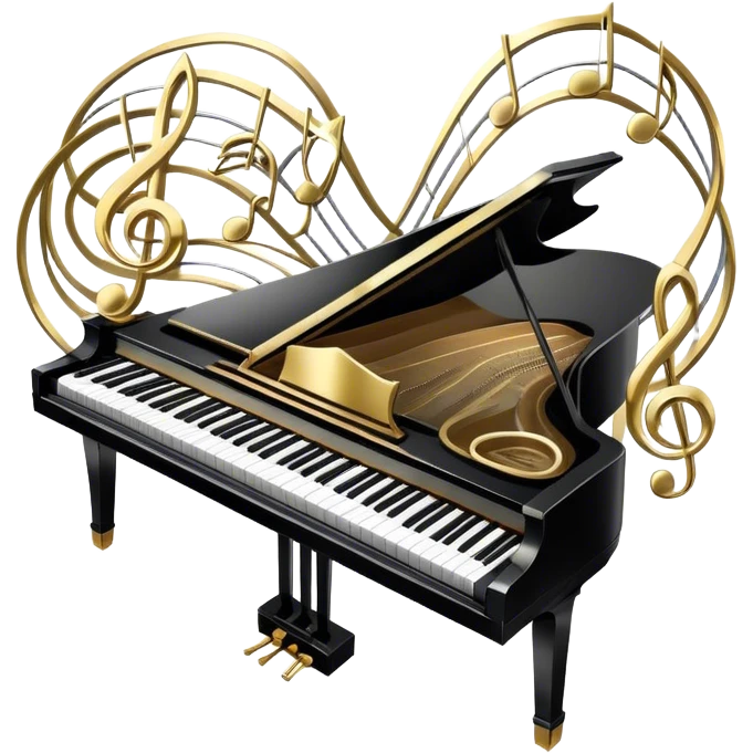 Create an elegant and festive emoji collage representing keyboard instruments, styled like a heraldic emblem. The design should feature a central focal point of black and white piano keys, arranged in a semi-circular or shield-like shape. Around the piano keys, add intertwining musical notes that form flowing ribbons, creating a dynamic and celebratory atmosphere. The design should be professional, with polished silver and gold accents on the keys and notes, highlighting the luxury and sophistication of the instruments. Add subtle shading and lighting effects to give the design a refined, 3D appearance. The background should remain transparent, and the overall feel should evoke grandeur, artistry, and a sense of celebration. emoji