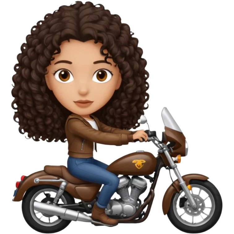 18 year old girl, dark brown curly hair, white but tanned, dark brown eyes, riding a motorcycle or car emoji