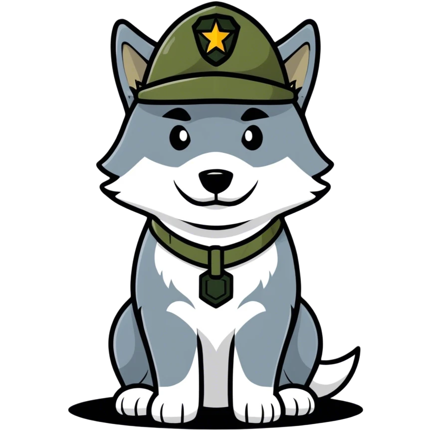 Wolf waring army hat with dog tags emoji