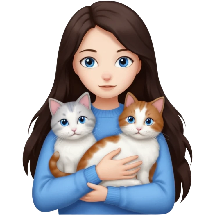 a girl with long dark 
brown hair, with blue eyes, in a
white sweater, hugs 3 different natural coloured cats emoji
