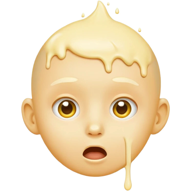 surprised face, classic emoji, 😮, yellow circular, genderless, hairless, white cream dripping from cheeks, white cream in mouth emoji