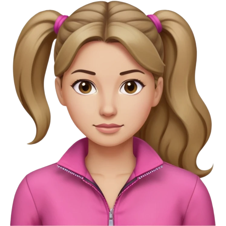 Woman dark blond hair ponytail pink  full body jumpsuit  emoji