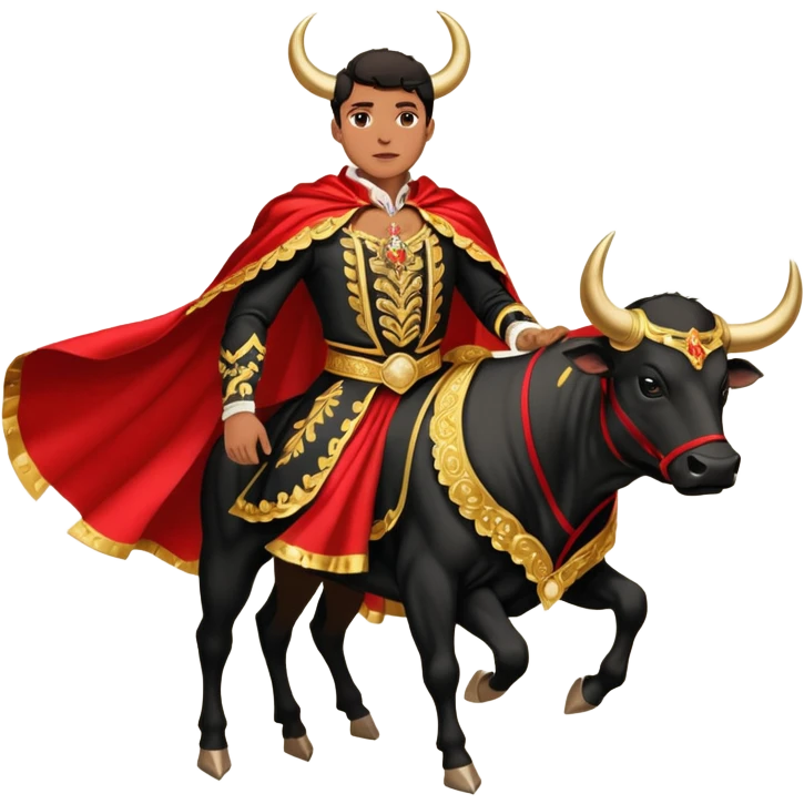 Create a realistic image of a traditional bullfighting scene in a Spanish arena.
Show a bullfighter (matador) HOLDING a red cape (muleta) not wearing one. as a powerful black bull charges toward it. NOT riding the bull. emoji