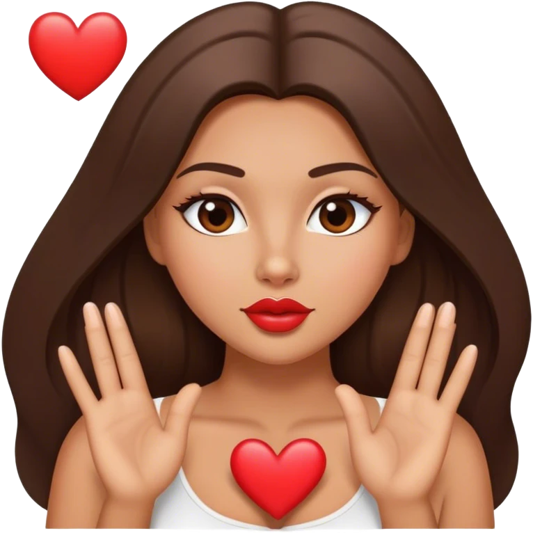 tanned beautiful girl kiss with pump lips and brunette straight long hair showing heart emoji