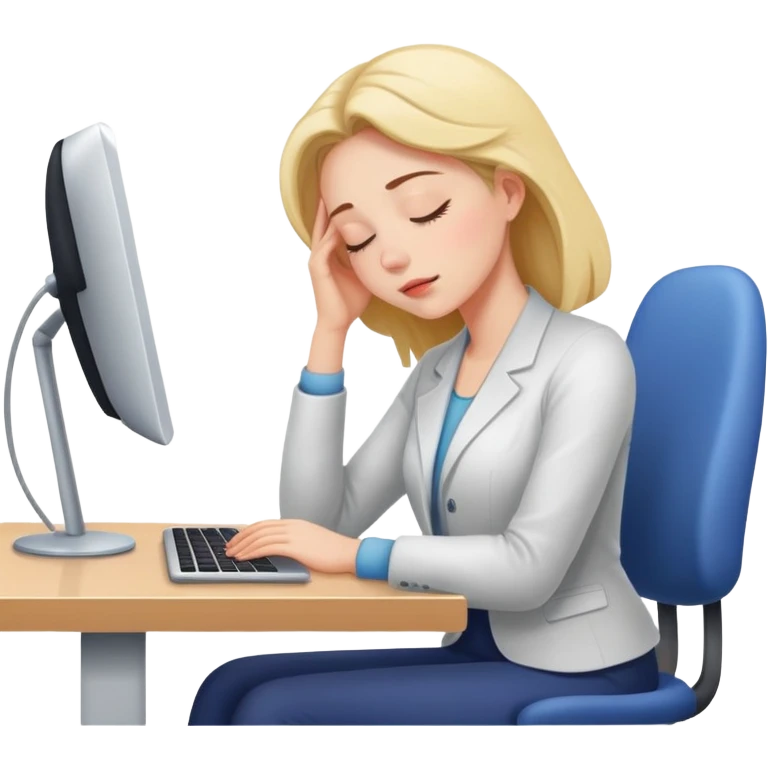Woman dozing off at workspace with computer emoji