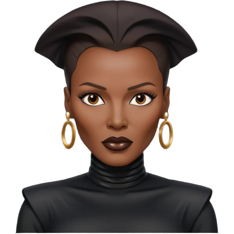 Grace Jones with dark brown hair, black outfit emoji