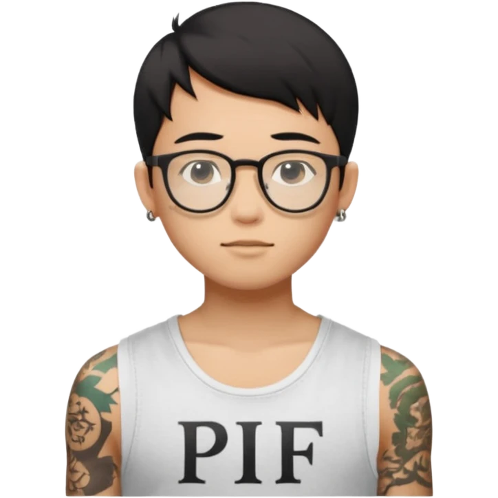 A young boy WITH A laptop, black straight short hair, wearing glasses, wearing a tanktop, has tattoos, he is asian

Add the letters "PIF" floating around him emoji