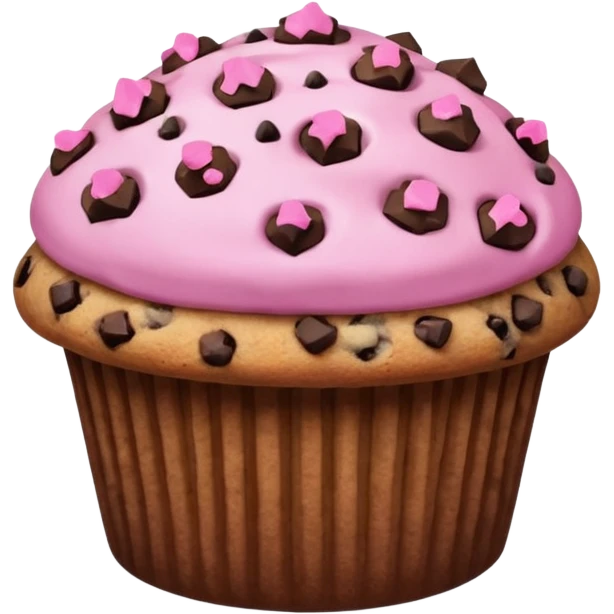 A pink muffin with chocolate chips and chocolate chip cookie topping emoji